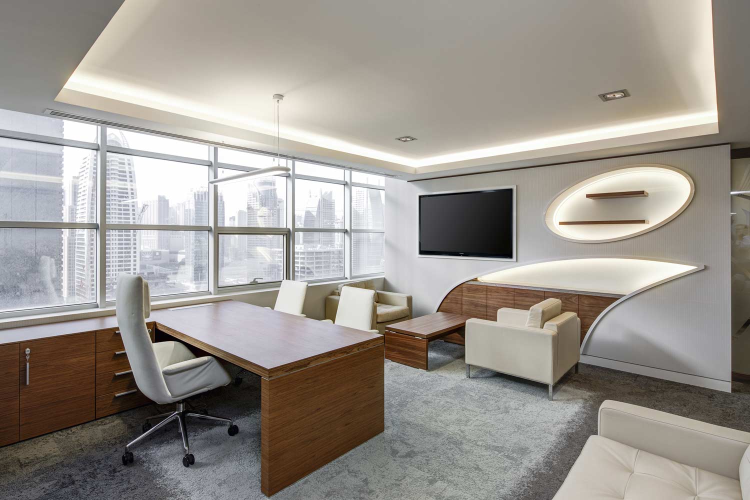 Bright, modern office meeting room overlooking the city